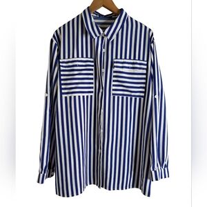Navy and White Striped Women's Button Down Shirt